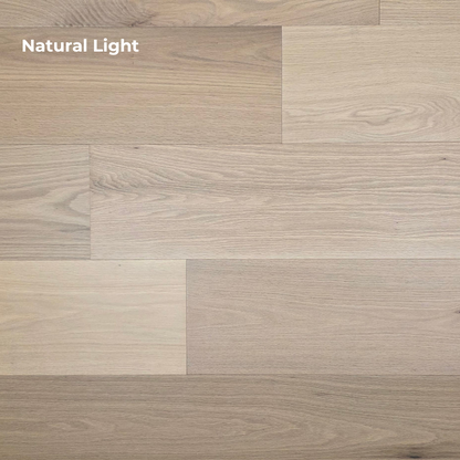 9 1/2" x 5/8" Engineered White Oak Sparrow Hardwood Flooring shown in natural lighting