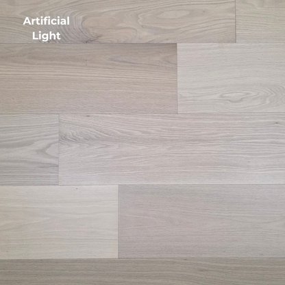 9 1/2" x 5/8" Engineered White Oak Sparrow Hardwood Flooring shown in artificial lighting