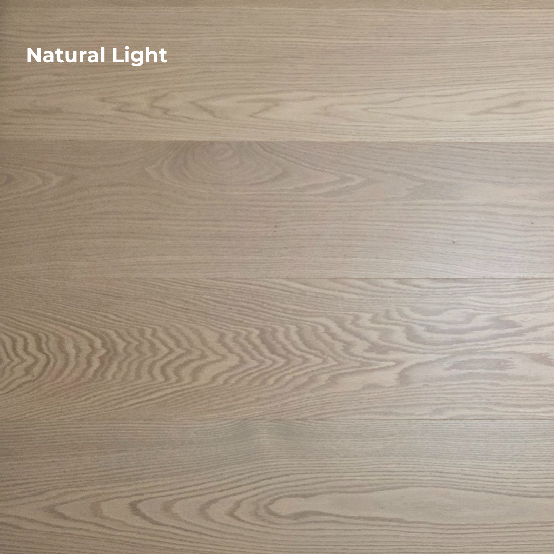9 1/2" x 5/8" Engineered White Oak Swan Hardwood Flooring. Shown in Natural lighting. 