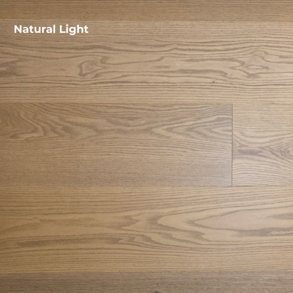 9 1/2" x 5/8" Engineered White Oak Waxwing Hardwood Flooring shown in natural lighting. 
