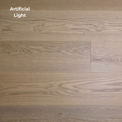 9 1/2" x 5/8" Engineered White Oak Waxwing Hardwood Flooring shown in artificial lighting.