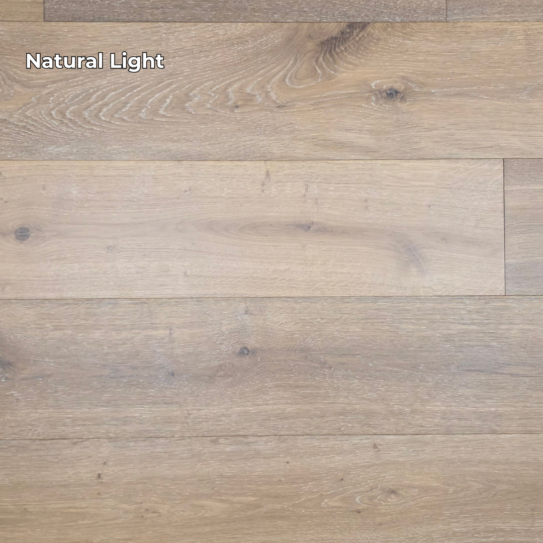 9 1/2" x 9/16" Engineered White Oak Atlas Hardwood Flooring shown in natural lighting.