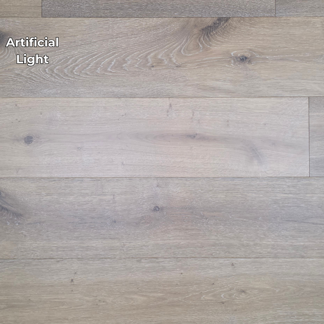 9 1/2" x 9/16" Engineered White Oak Atlas Hardwood Flooring shown in artificial lighting
