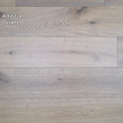 9 1/2" x 9/16" Engineered White Oak Atlas Hardwood Flooring shown in artificial lighting