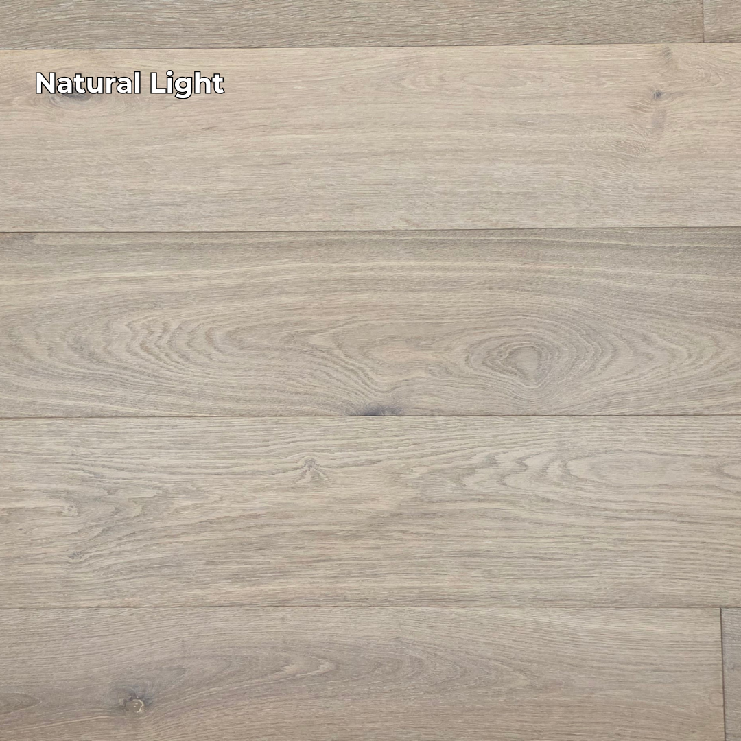 9 1/2" x 9/16" Engineered White Oak Elysian Hardwood Flooring. Shown in Natural lighting. 