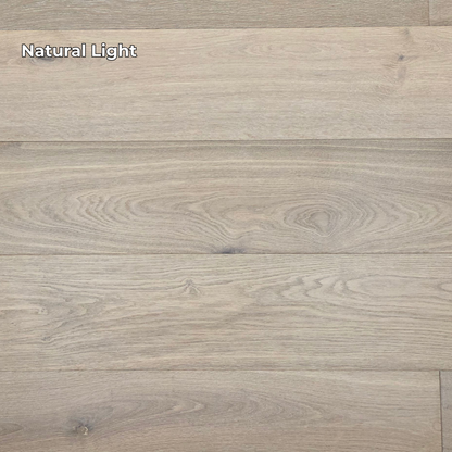 9 1/2" x 9/16" Engineered White Oak Elysian Hardwood Flooring. Shown in Natural lighting. 