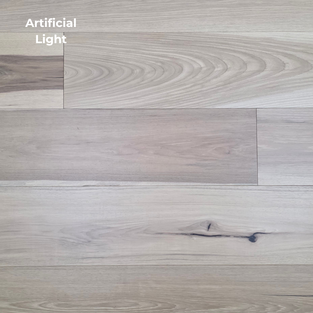 9 12 x 58 Engineered Hickory Chapman Hardwood Flooring shown in artificial lighting