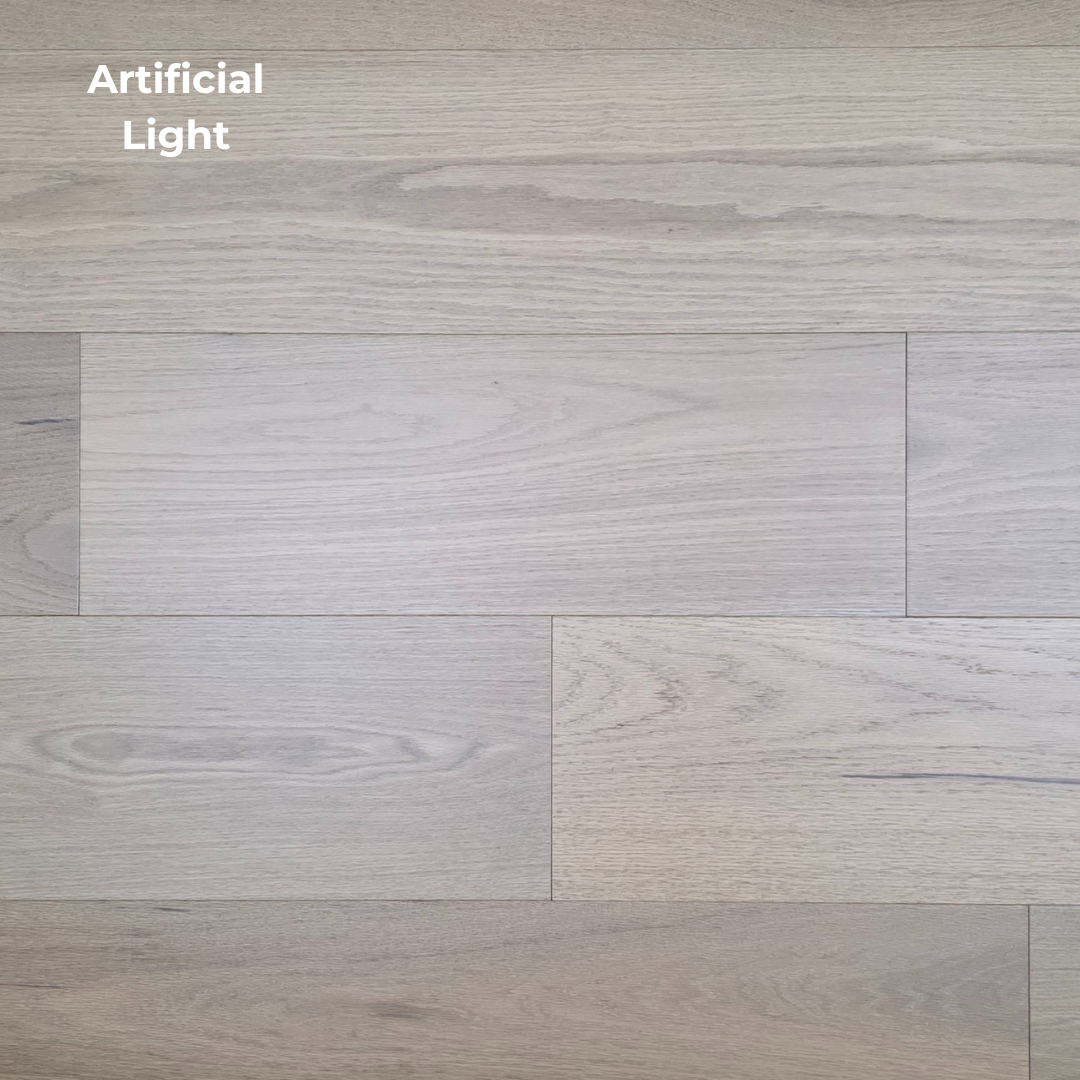 9 12 x 58 Engineered Red Oak Phoebe Hardwood Flooring shown in artificial light 