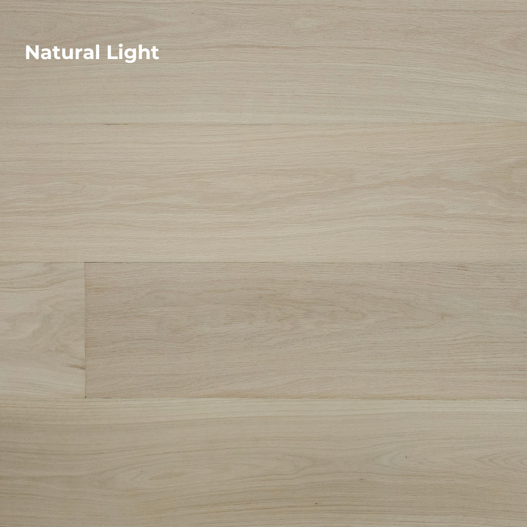 8 5/8" x 5/8" Engineered Unfinished European White Oak Select & Better Hardwood Flooring. Shown in Natural lighting.