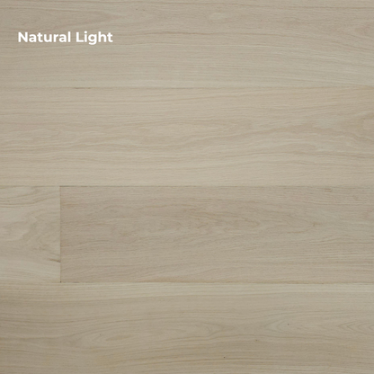 8 5/8" x 5/8" Engineered Unfinished European White Oak Select & Better Hardwood Flooring. Shown in Natural lighting.