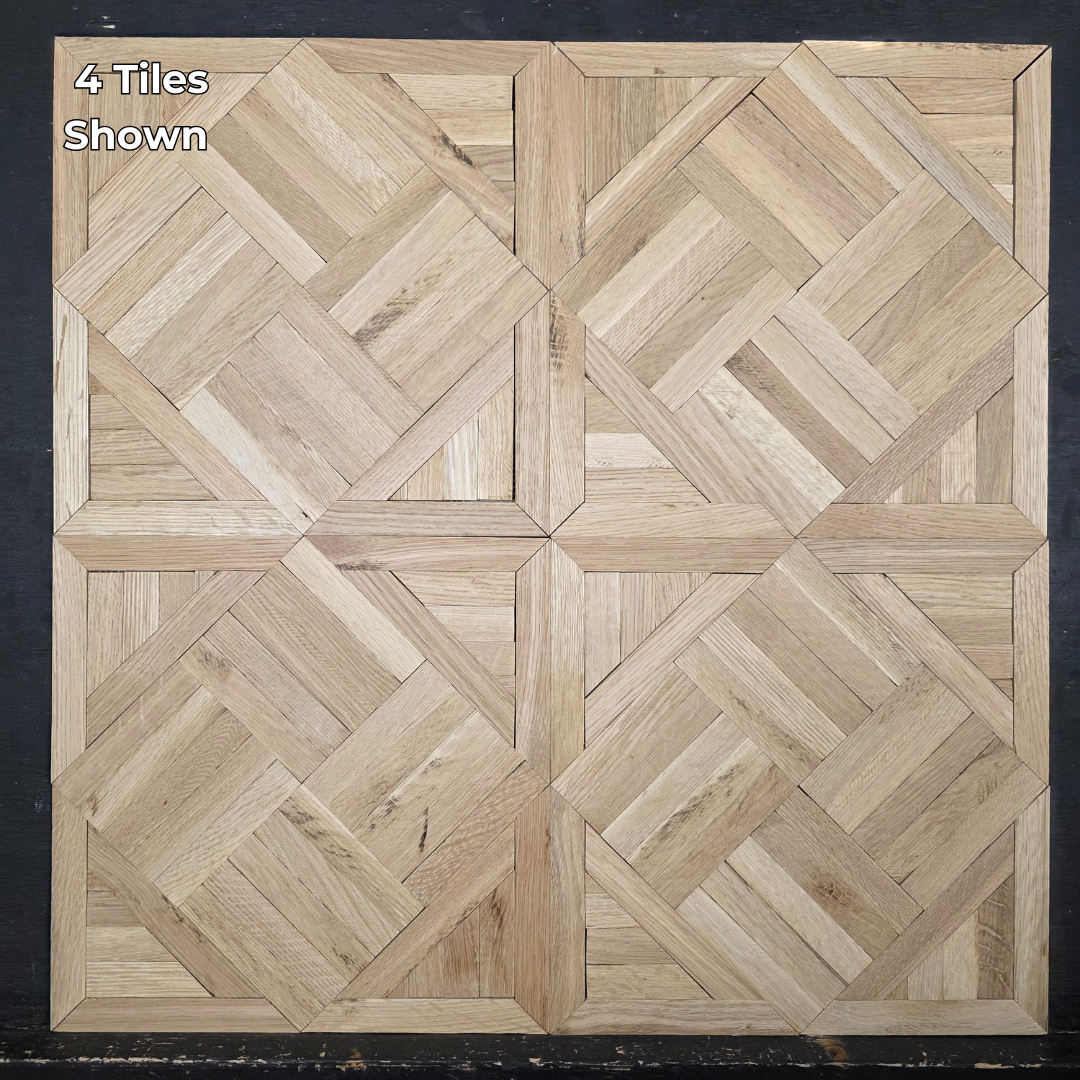 13 7/16" x 13 7/16" x 5/16" Unfinished White Oak Chaucer Parquet Flooring. Shown as 4 tiles on a black shooting table.
