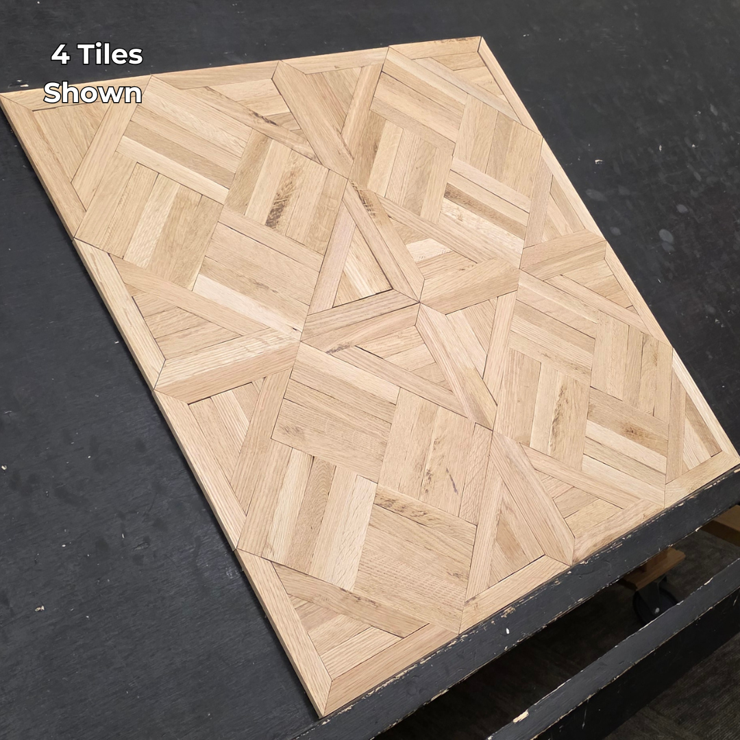 13 7/16" x 13 7/16" x 5/16" Unfinished White Oak Chaucer Parquet Flooring. Shown as 4 tiles on a black shooting table.