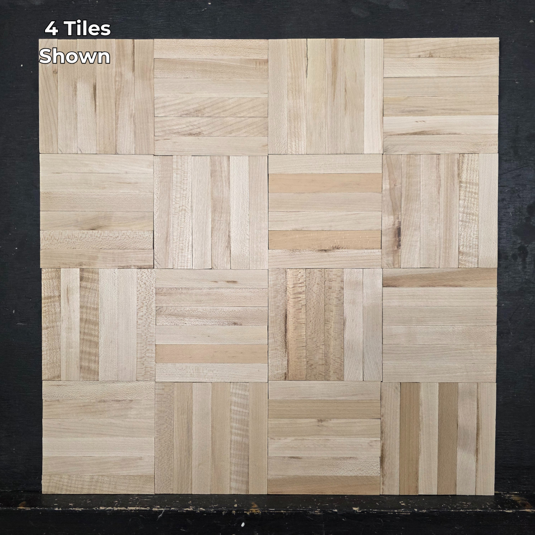 11" x 11" x 5/16" Unfinished Maple 6-slat Parquet Hardwood Flooring. Shown a 4 tiles close up on a black shooting table. 