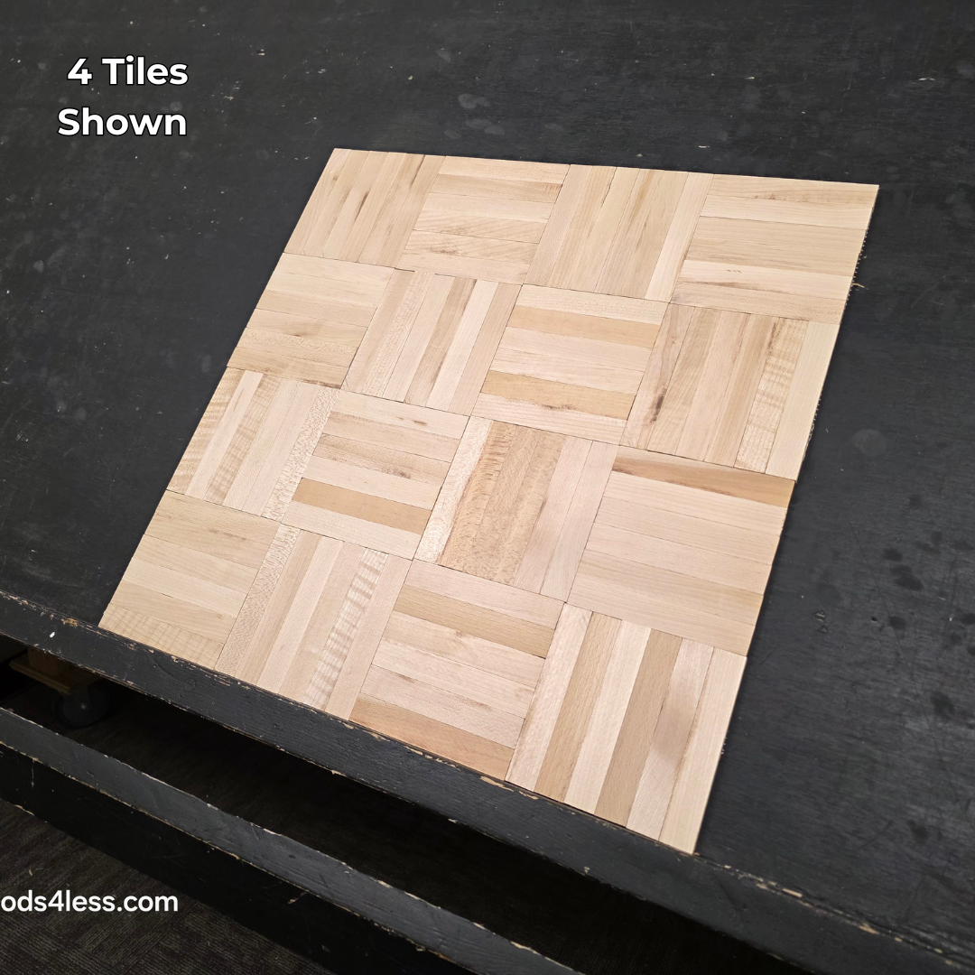 11" x 11" x 5/16" Unfinished Maple 6-slat Parquet Hardwood Flooring. Shown a 4 tiles close up on a black shooting table. 