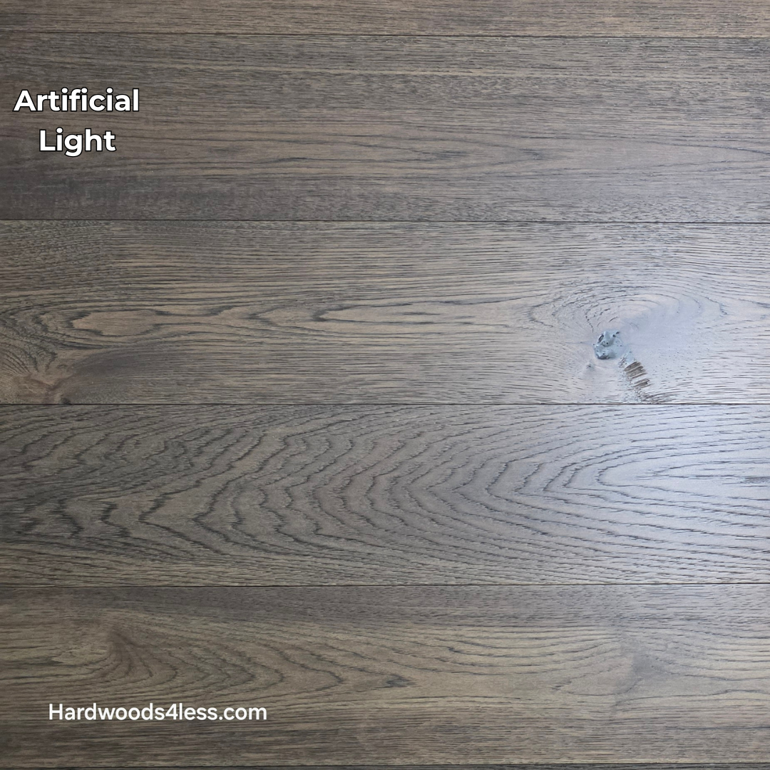 Close up of 7 1/2" x 9/16" Engineered Hickory Quarry Hardwood Flooring. Shown in artificial lighting.