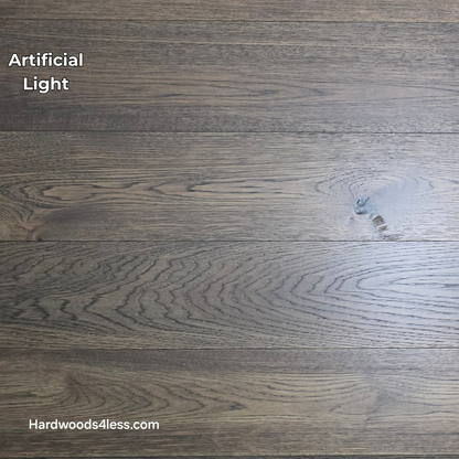 Close up of 7 1/2" x 9/16" Engineered Hickory Quarry Hardwood Flooring. Shown in artificial lighting.