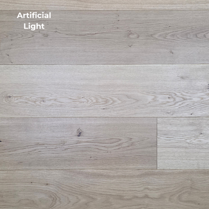 8 5/8" x 5/8" Engineered European Oak Buckwheat Hardwood Flooring shown in artificial lighting.