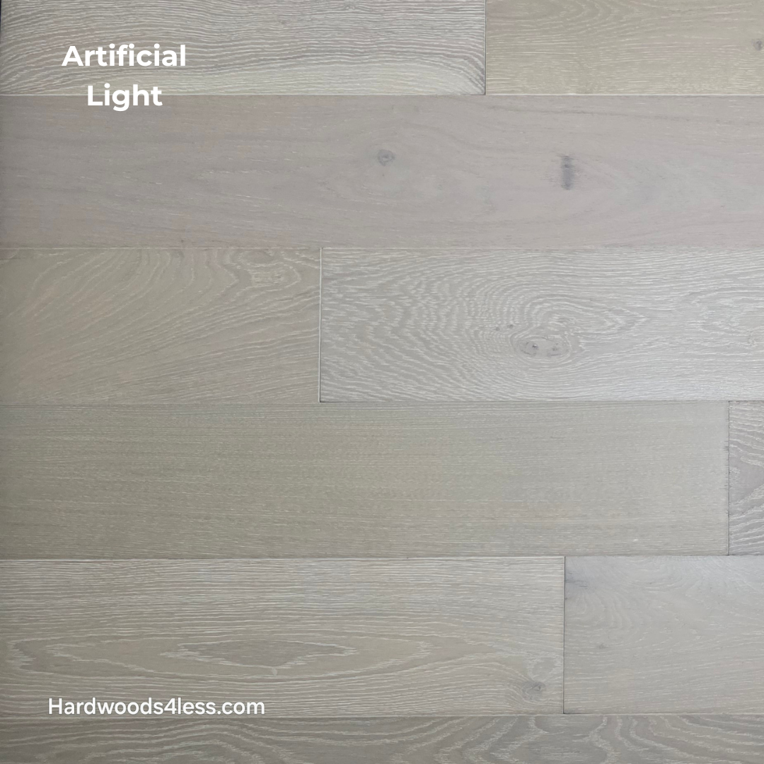 7 1/2" x 9/16" Engineered European Oak Alderney Hardwood Flooring shown in artificial lighting.