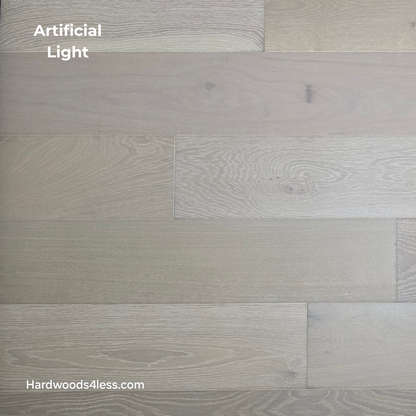 7 1/2" x 9/16" Engineered European Oak Alderney Hardwood Flooring shown in artificial lighting.