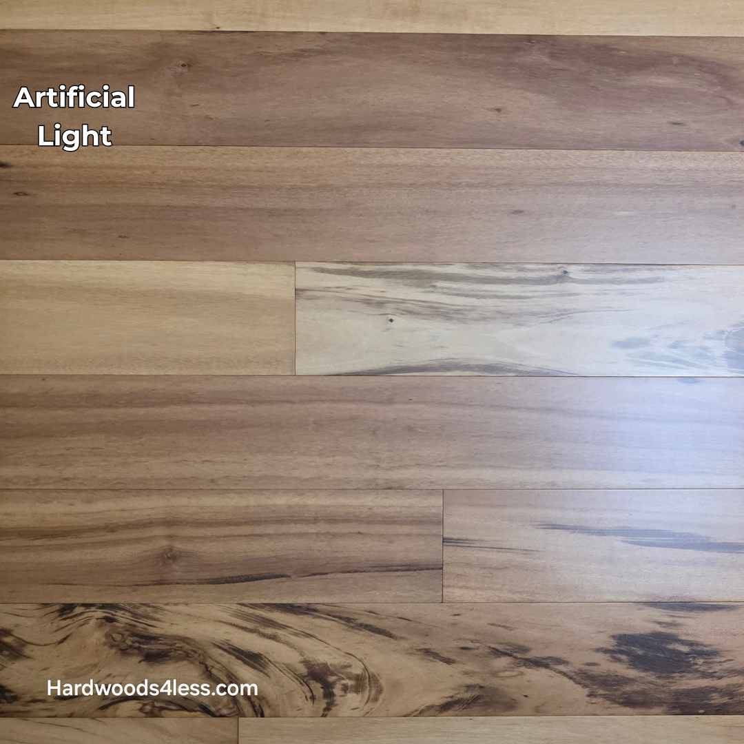 5" x 9/16" Engineered Brazilian Tigerwood Natural Hardwood Flooring. Shown in artificial lighting.