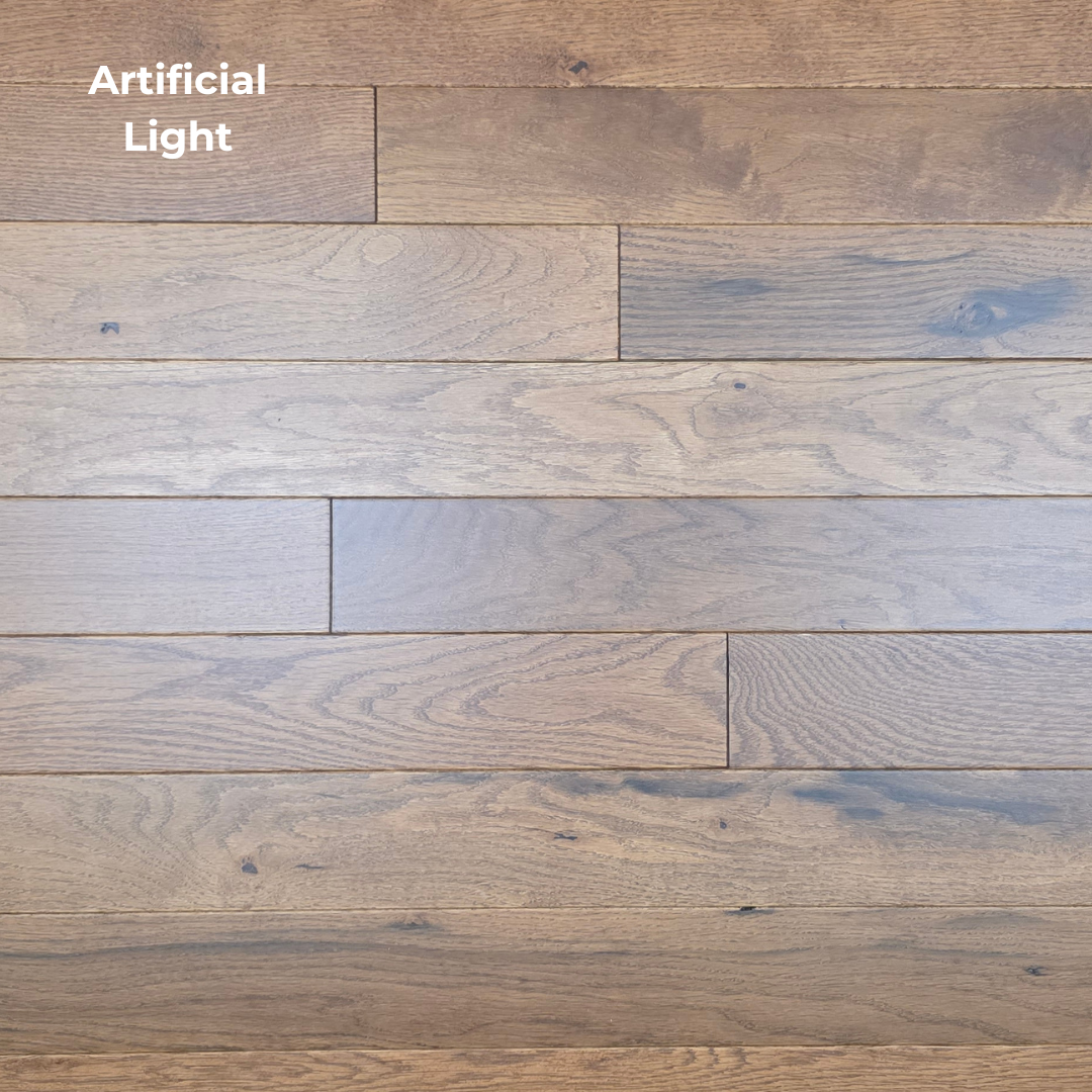 close up shot of Red Oak Gunstock Character Grade Hardwood Flooring on with Artificial lighting