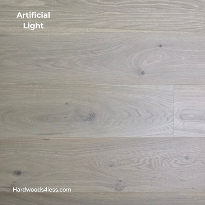 9 1/2" x 9/16" Engineered White Oak Daphne Hardwood Flooring shown in artificial lighting 