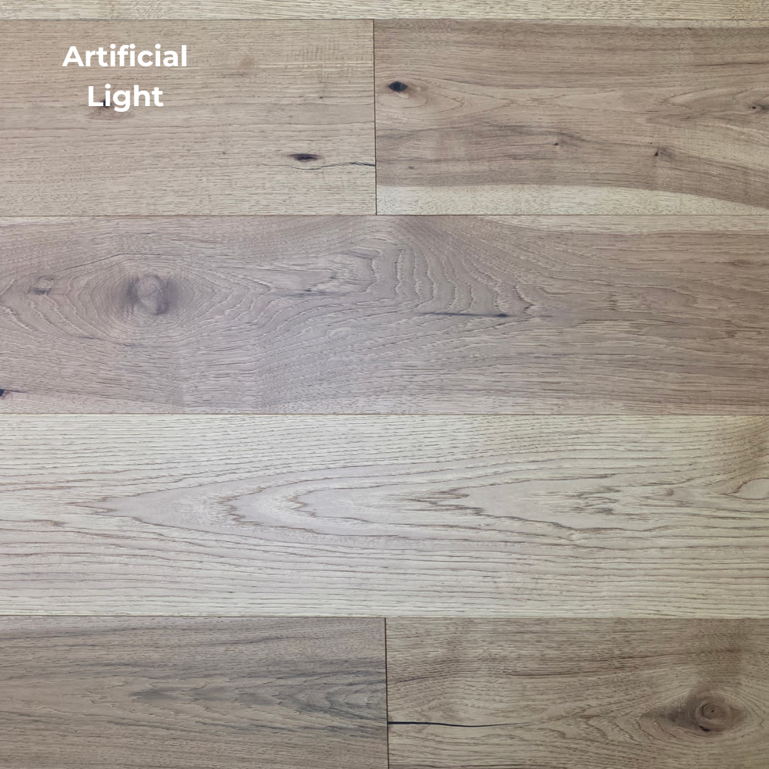 9 1/2" x 5/8" Engineered Hickory Collins Hardwood Flooring shown in artificial lighting