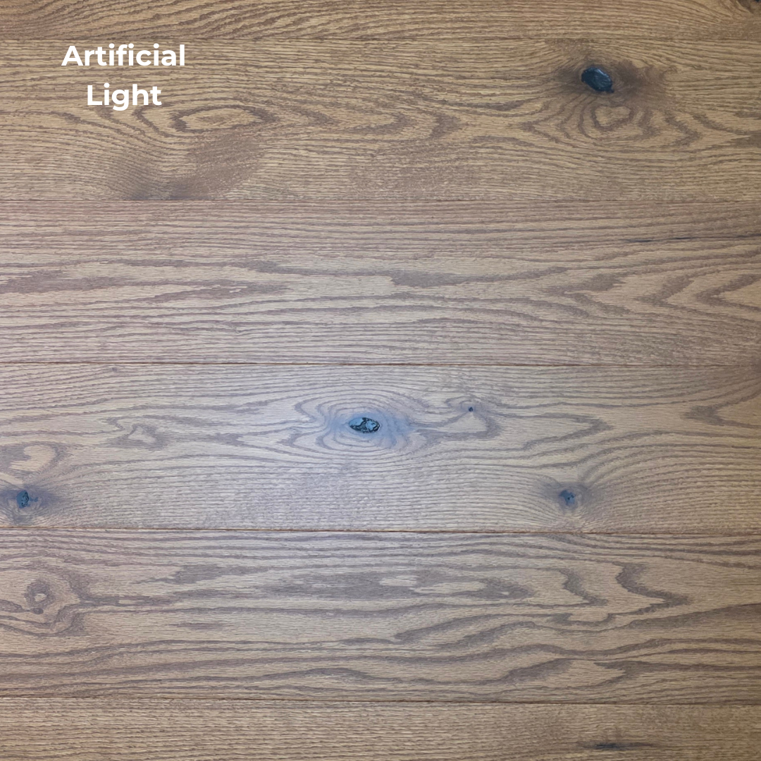 Engineered Red Oak Gunstock Hardwood Flooring Up close with artificial light