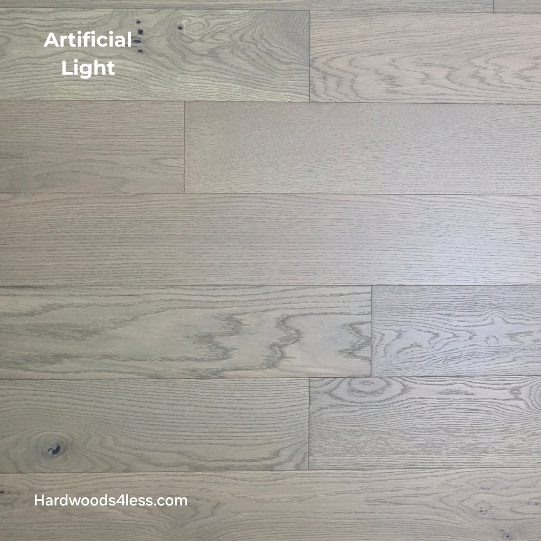 5 7/8" x 9/16" Engineered European Oak Cades Cove Hardwood Flooring. Shown  in artificial lighting. 