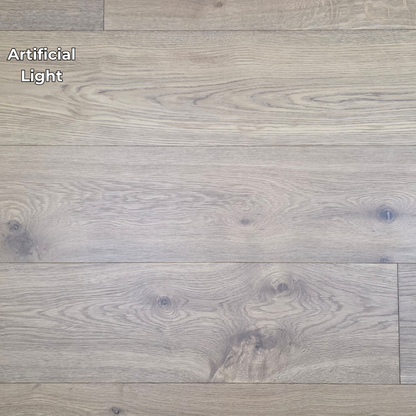 9 1/2" x 9/16" Engineered White Oak Oikos Hardwood Flooring. Shown in Artificial lighting. 