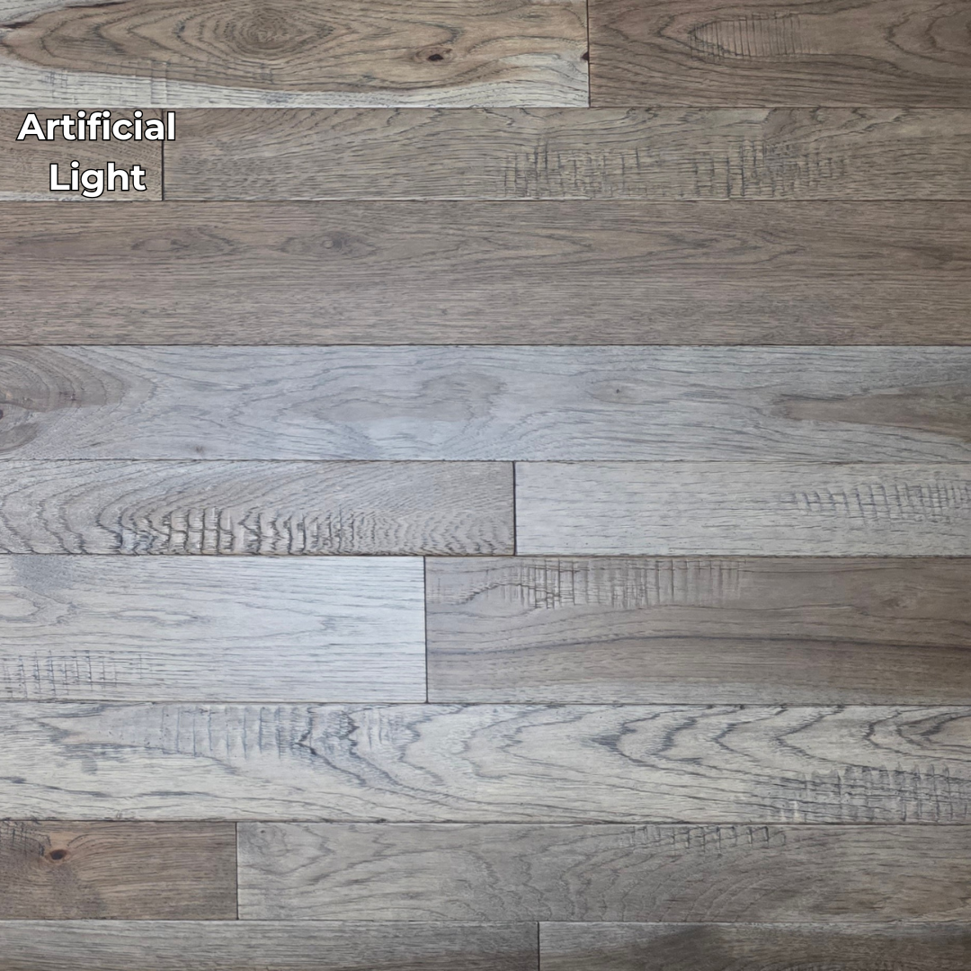 3 1/4", 4", 5" Mixed Width Engineered Hickory Windlass Hardwood Flooring. Shown in Artificial lighting. 