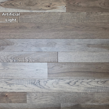 3 1/4", 4", 5" Mixed Width Engineered Hickory Windlass Hardwood Flooring. Shown in Artificial lighting. 