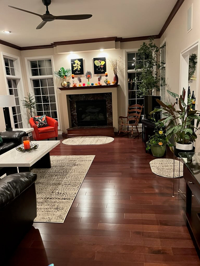 4" x 3/4" Solid Brazilian Oak Castanho Hardwood Flooring. Installed in a living room. Pictured entering the room. A fireplace sits at the center of the far wall. 