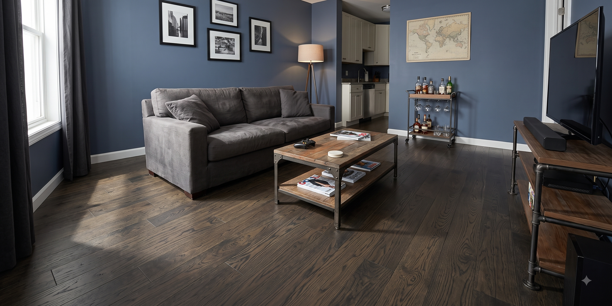 5" x 3/8" Engineered White Oak Walker Shown in a Living Room Setting