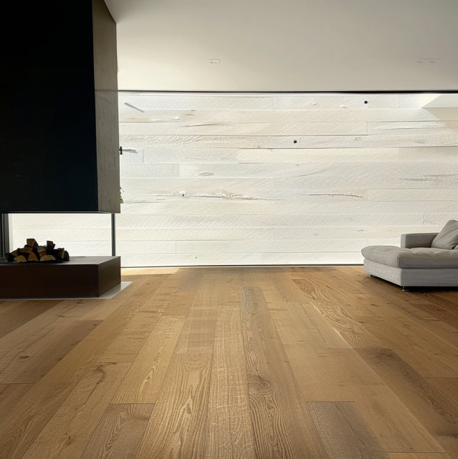 6" x 5/8" Engineered White Oak Tailored Taupe stain Rift & Quartered Hardwood Flooring