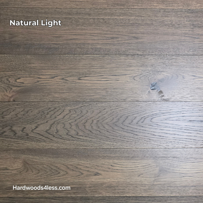Close up of 7 1/2" x 9/16" Engineered Hickory Quarry Hardwood Flooring. Shown in natural lighting.