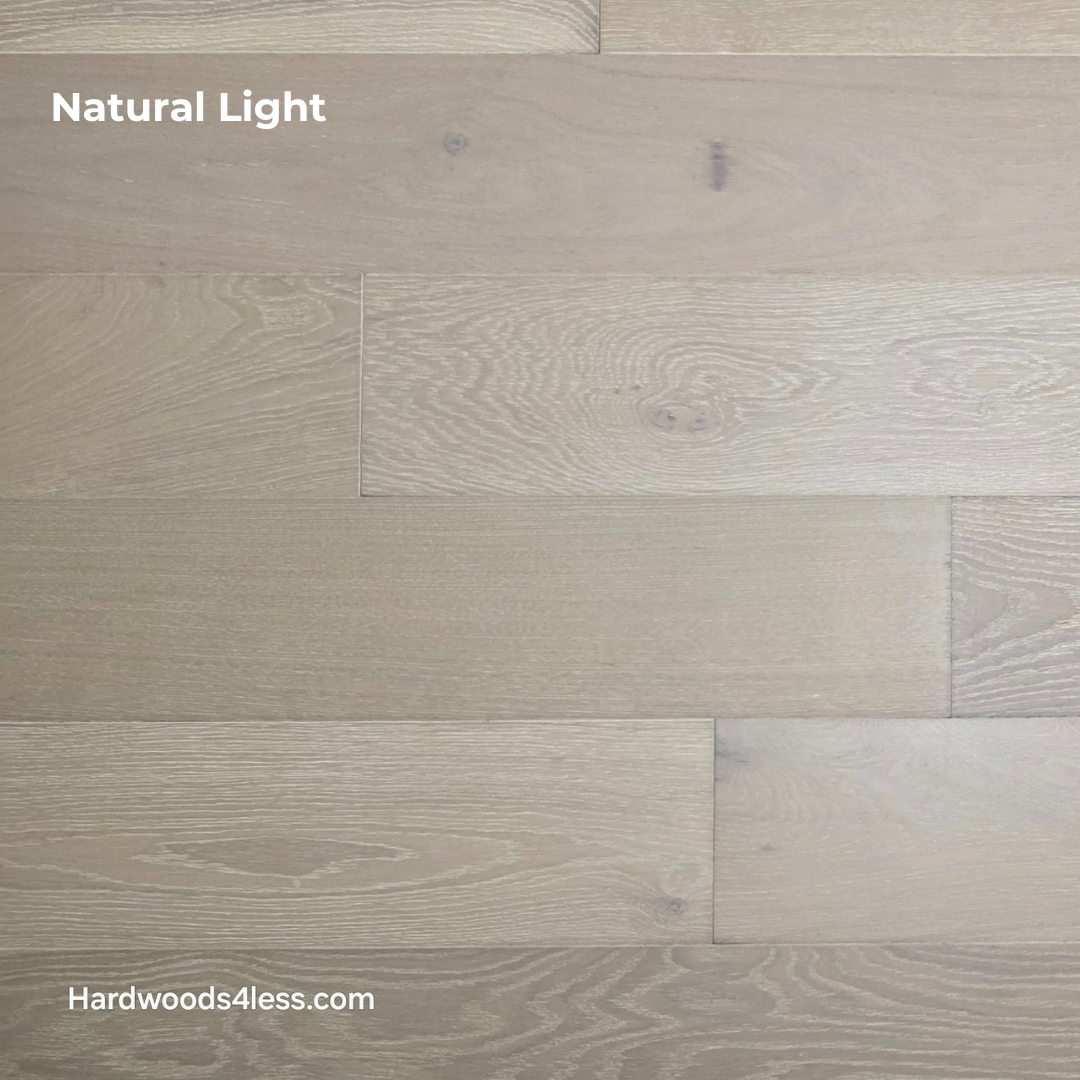 7 1/2" x 9/16" Engineered European Oak Alderney Hardwood Flooring shown in natural lighting.