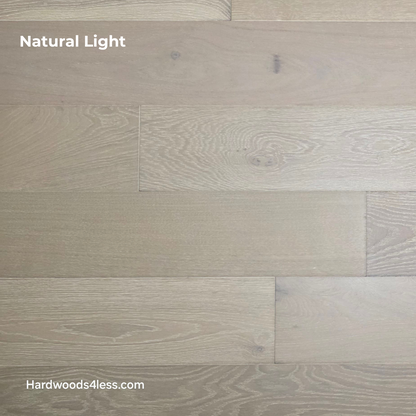 7 1/2" x 9/16" Engineered European Oak Alderney Hardwood Flooring shown in natural lighting.