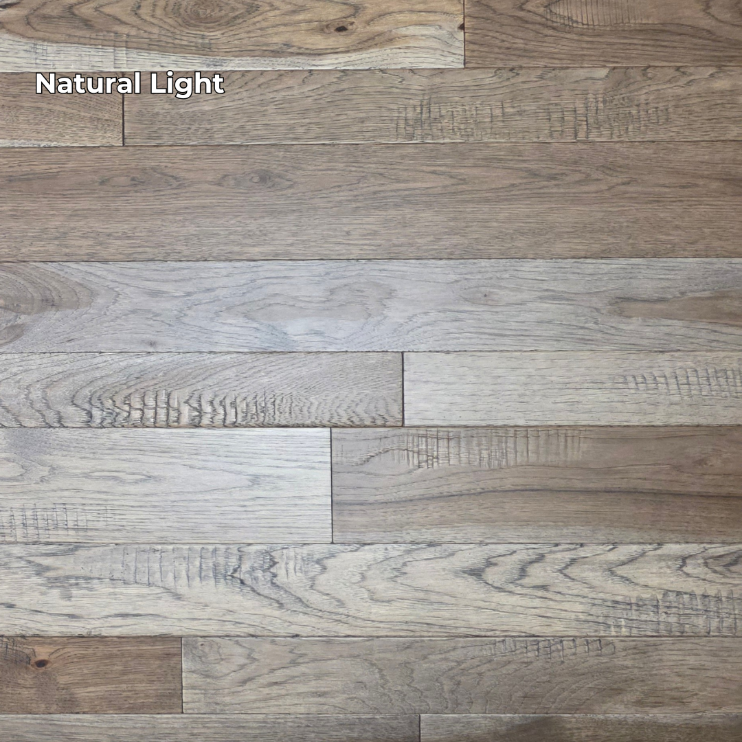 3 1/4", 4", 5" Mixed Width Engineered Hickory Windlass Hardwood Flooring. Shown in Natural lighting. 