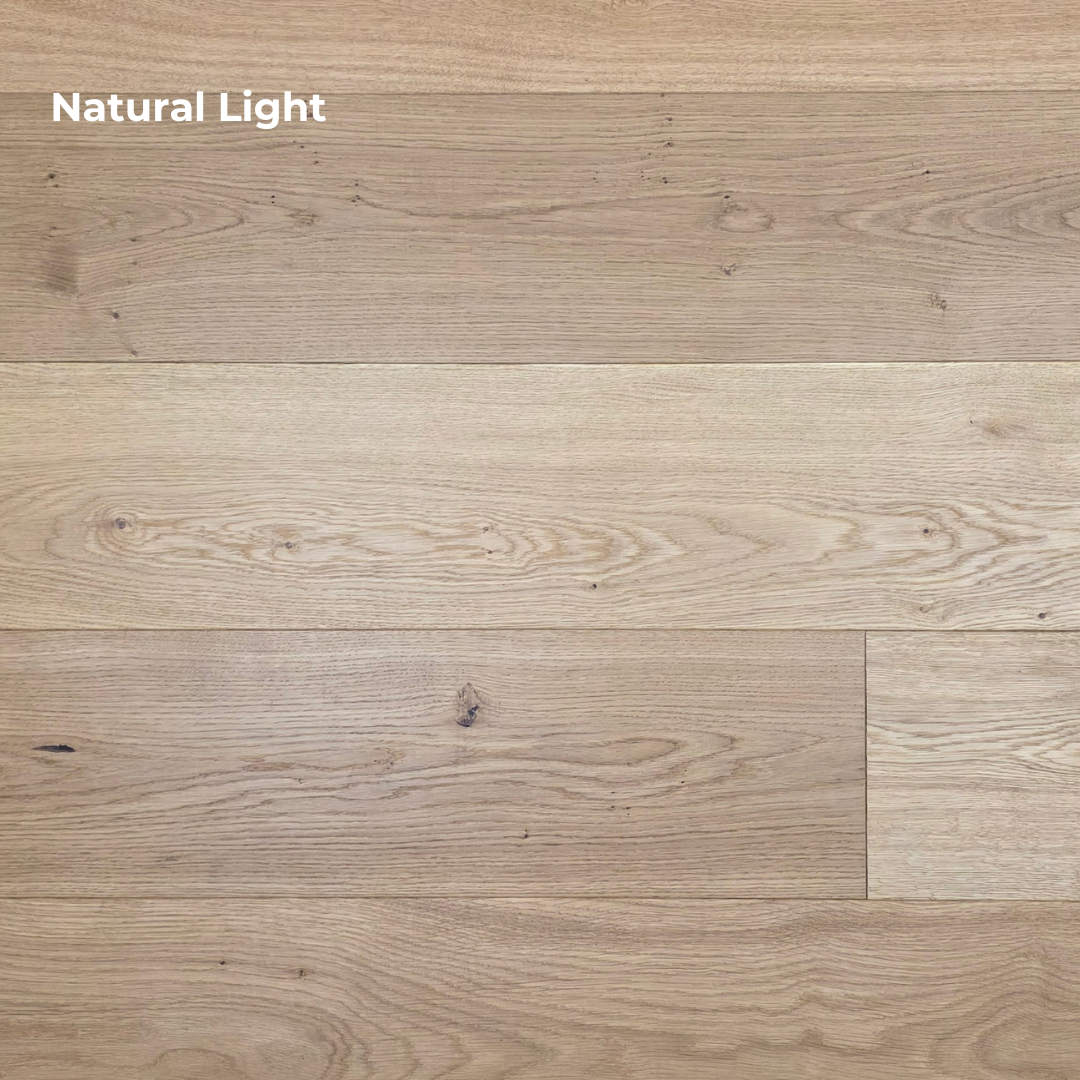 8 5/8" x 5/8" Engineered European Oak Buckwheat Hardwood Flooring shown in natural light 