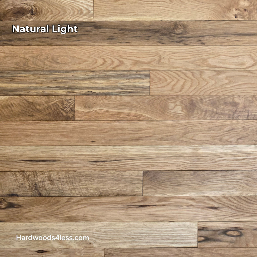 3 1/4" x 3/4" Solid White Oak Natural Character Grade Hardwood Flooring. Shown in natural lighting.