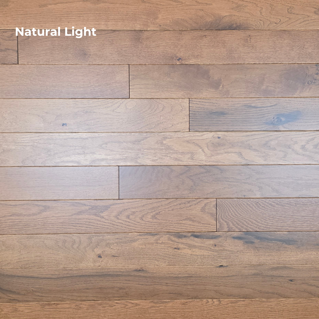close up shot of Red Oak Gunstock Character Grade Hardwood Flooring on with Natural lighting