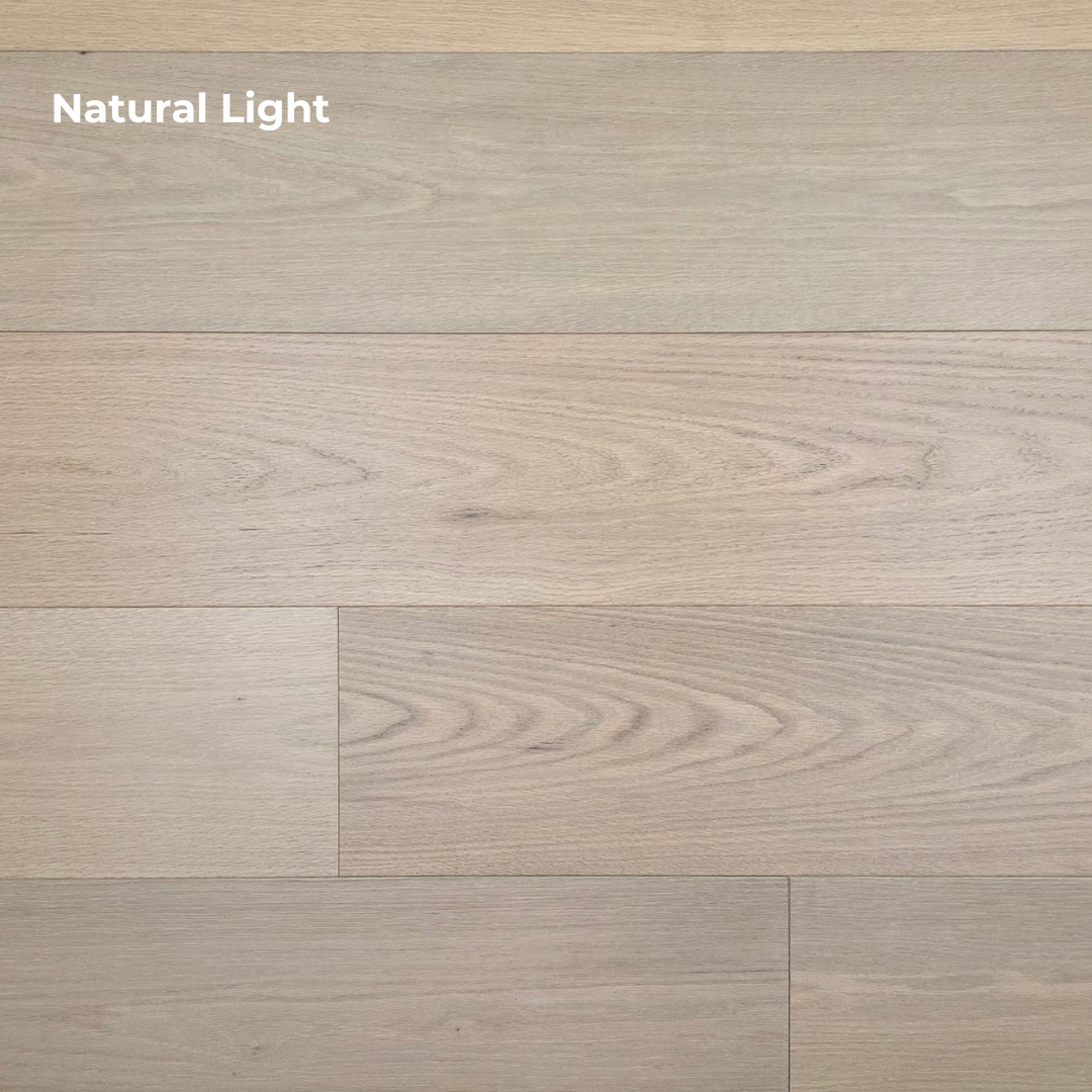 9 1/2" x 5/8" Engineered Red Oak Ophelia Hardwood Flooring shown in natural light.