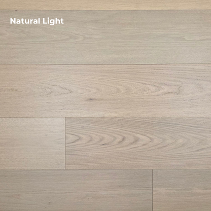 9 1/2" x 5/8" Engineered Red Oak Ophelia Hardwood Flooring shown in natural light.