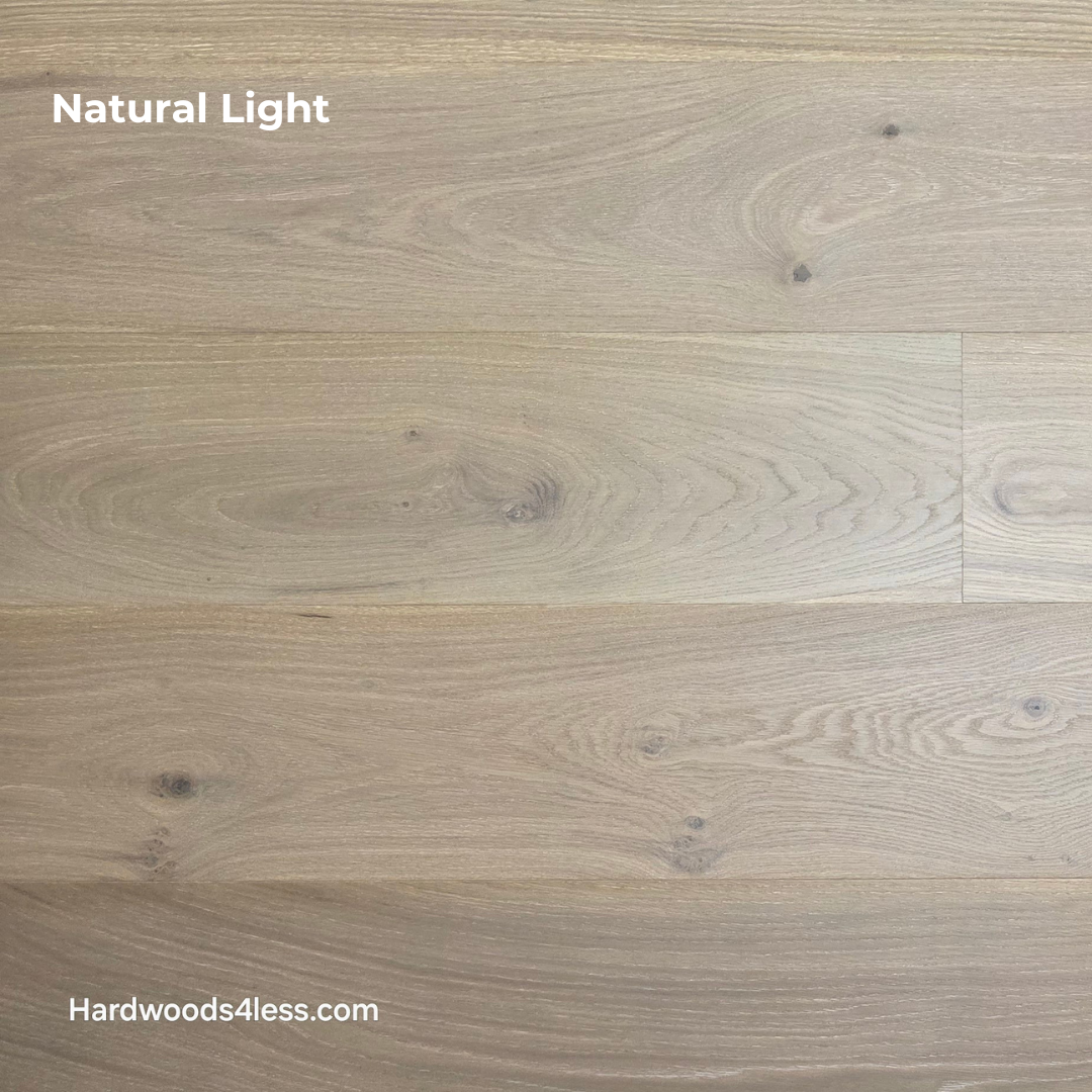 9 1/2" x 9/16" Engineered White Oak Daphne Hardwood Flooring shown in natural lighting