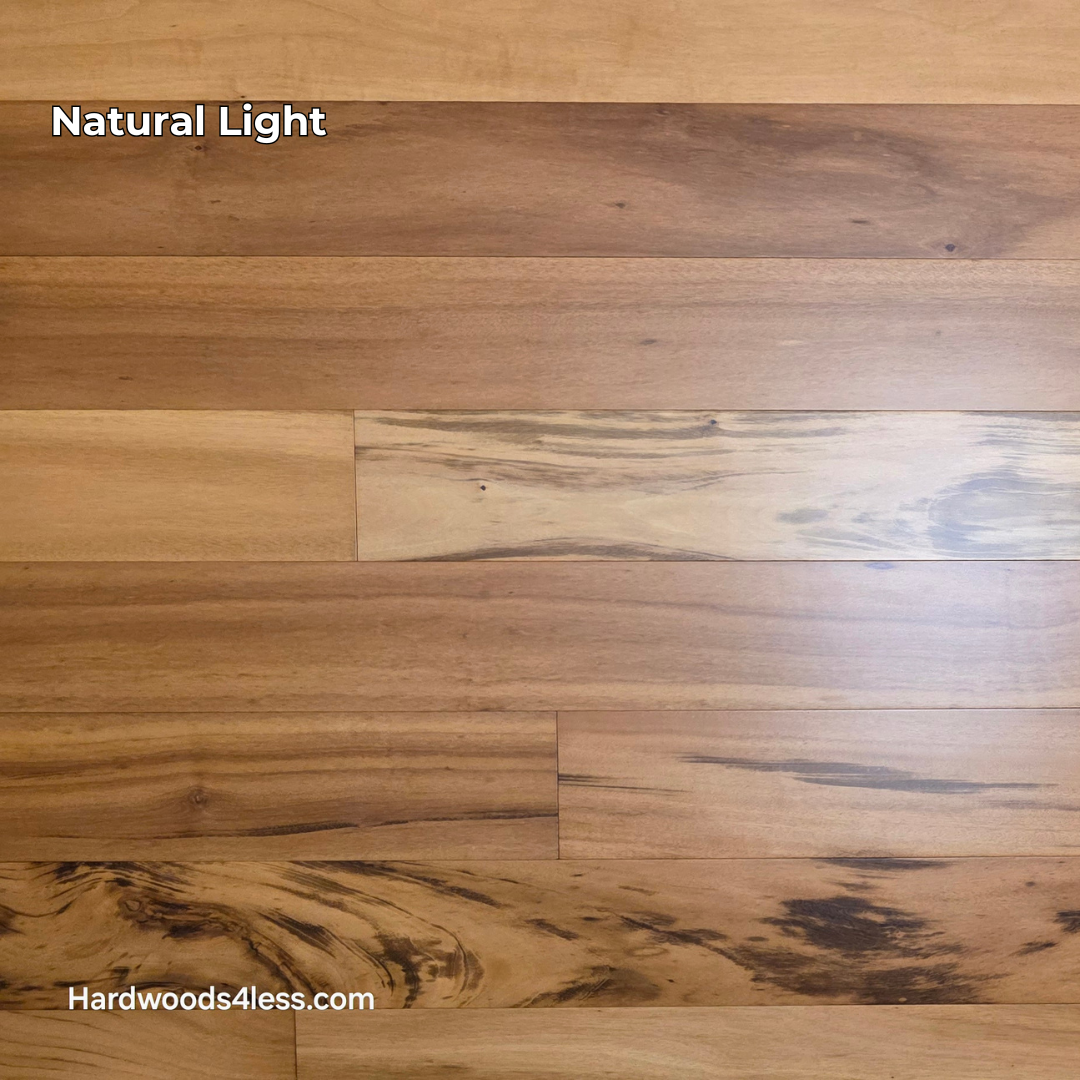5" x 9/16" Engineered Brazilian Tigerwood Natural Hardwood Flooring. Shown in natural lighting.