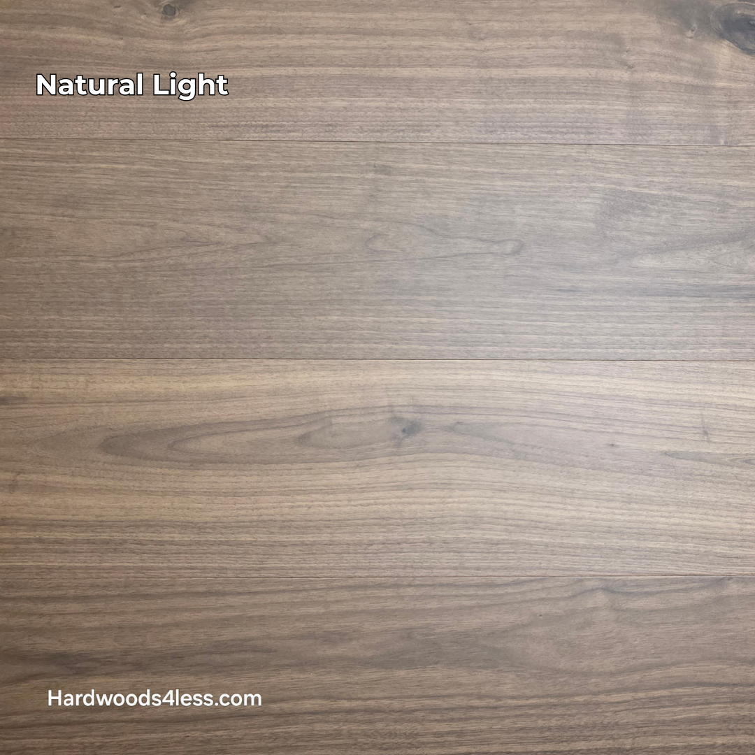8.11" x 7/16" Modernized Engineered Walnut Calatrava Hardened Hardwood Flooring. Shown in natural lighting.