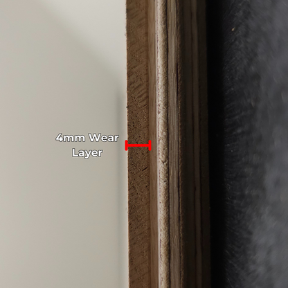 8 5/8" x 5/8" Engineered Unfinished European White Oak Select & Better Hardwood Flooring. Close up of the 4mm wear layer.